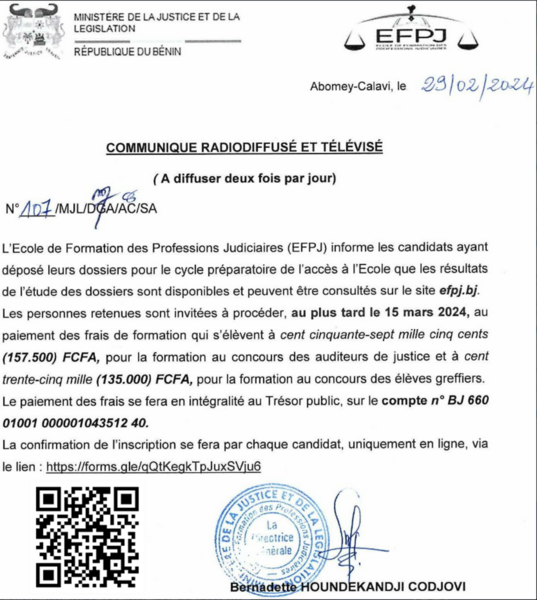 Cycle préparatoire aux concours des Auditeurs et Greffiers : L'EFPJ invite les candidats retenus à s'acquitter de leurs frais de formation au plus tard le 15 mars 2024